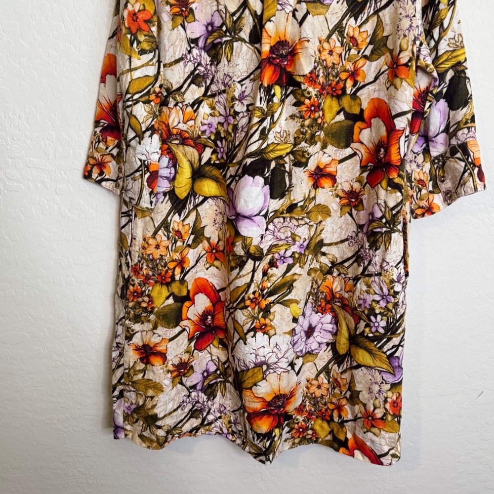Chicos 100% Linen Dress Large Tan Floral 3/4 Sleeve Boho Coastal Lagenlook - Picture 8 of 10